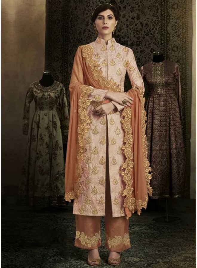Peach Embroidery Zari Work Brocade Party Wear Pakistani Salwar Suit